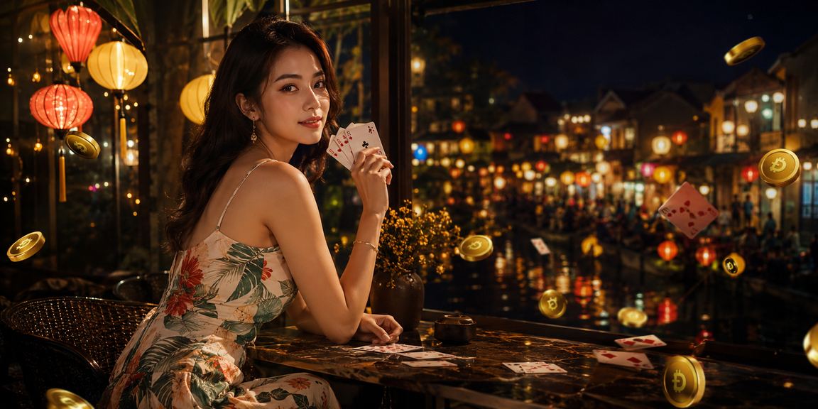 Quán cà phê Huế minh họa người dùng đọc voucher game bài trên điện thoại